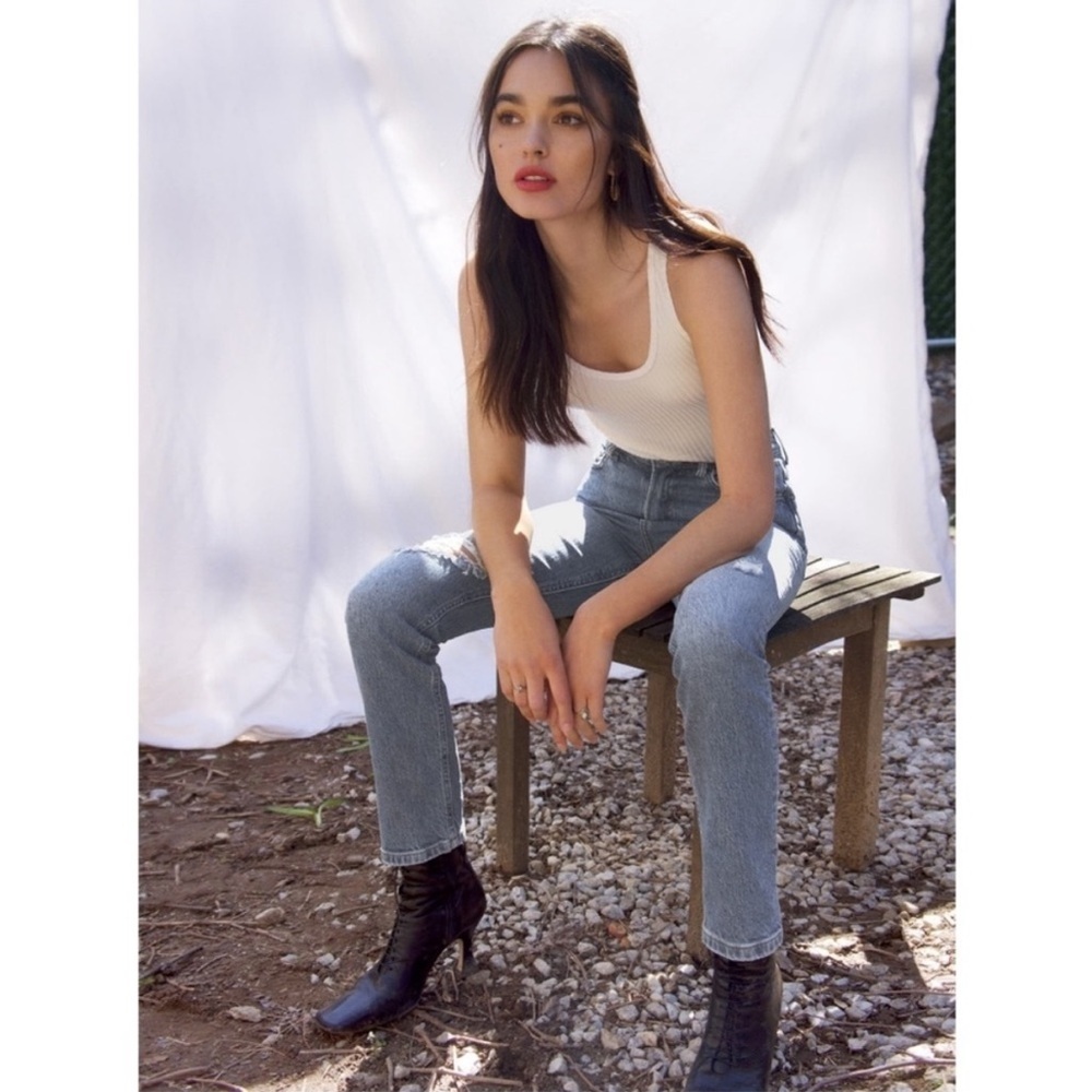 Reformation High Waisted Straight Leg Y Distressed Knee Rip Liza Jeans Palermo